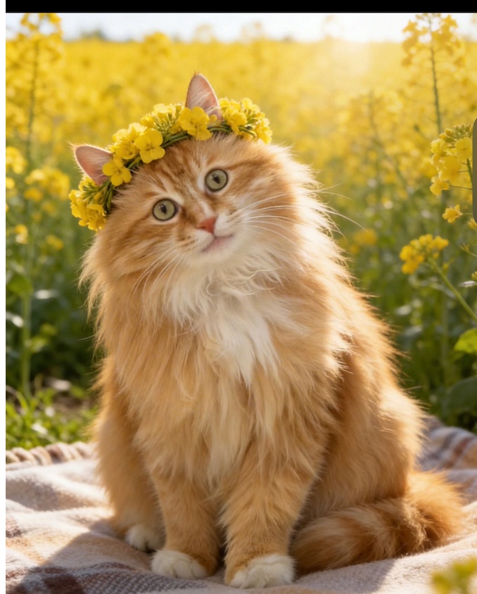 橘猫戴着黄色花环坐在花田里